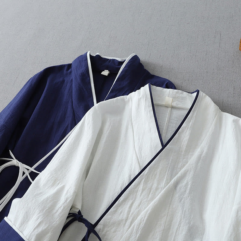 Nimara Ritual Casual Color Stitching V-Neck Three Quarter Sleeve Zen Cotton Linen Women's Shirt