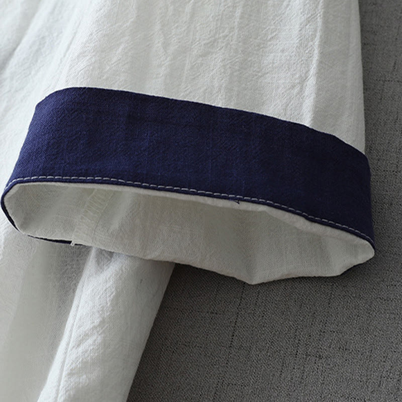 Nimara Ritual Casual Color Stitching V-Neck Three Quarter Sleeve Zen Cotton Linen Women's Shirt