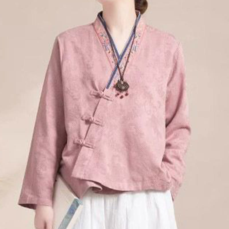Nimara Ritual Embroidered Flowers Grass Frog-Button Long Sleeve Cotton Women's Shirt