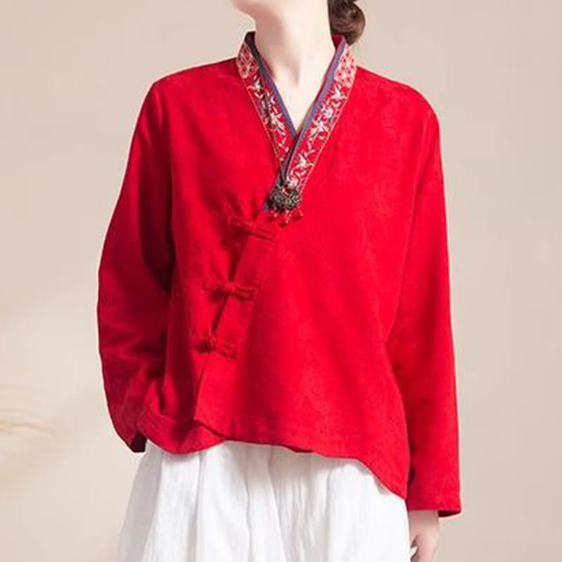 Nimara Ritual Embroidered Flowers Grass Frog-Button Long Sleeve Cotton Women's Shirt