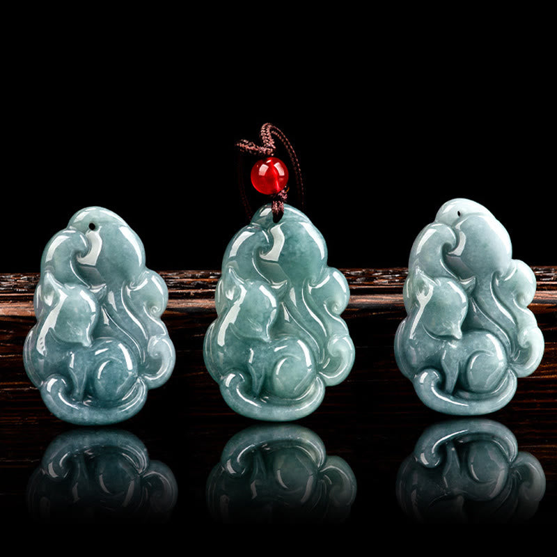 Nimara Ritual Natural Green Jade Nine Tailed Fox Fairy Prosperity Necklace Pendant