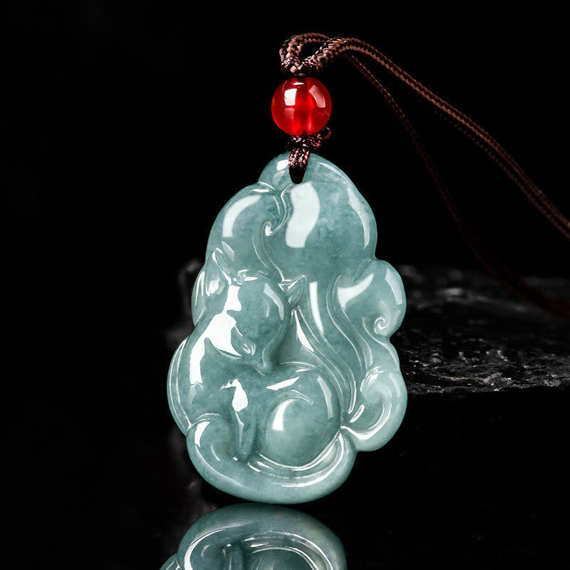 Nimara Ritual Natural Green Jade Nine Tailed Fox Fairy Prosperity Necklace Pendant
