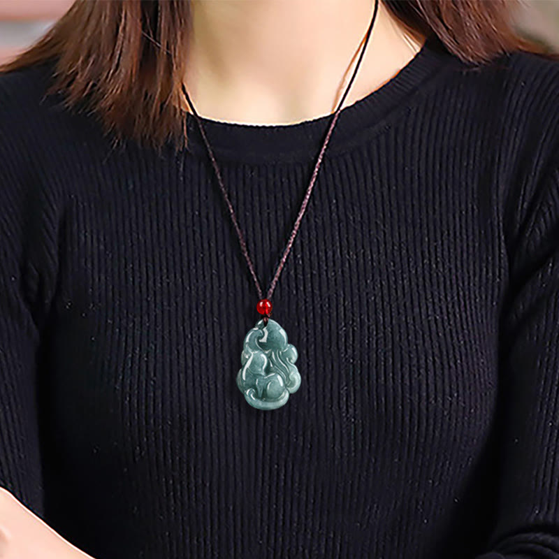 Nimara Ritual Natural Green Jade Nine Tailed Fox Fairy Prosperity Necklace Pendant