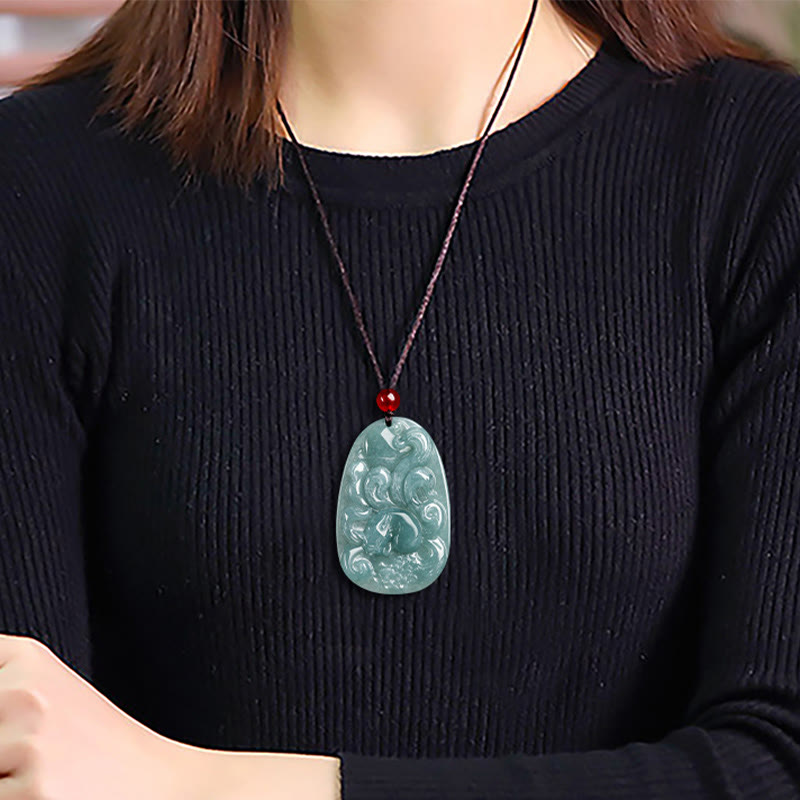 Nimara Ritual Natural Green Jade Nine Tailed Fox Flowers Luck Necklace Pendant