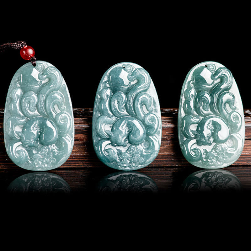 Nimara Ritual Natural Green Jade Nine Tailed Fox Flowers Luck Necklace Pendant
