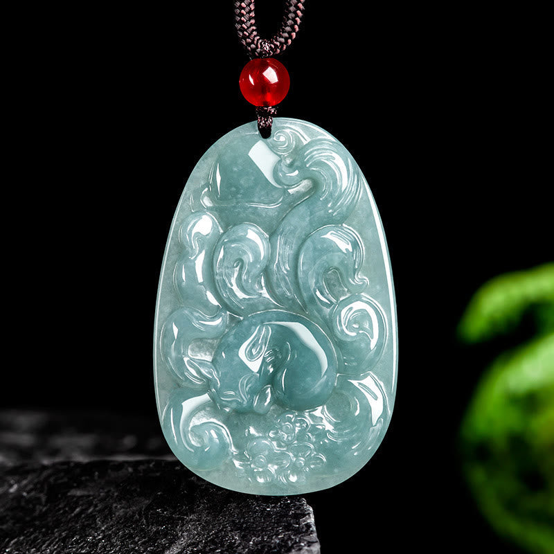 Nimara Ritual Natural Green Jade Nine Tailed Fox Flowers Luck Necklace Pendant