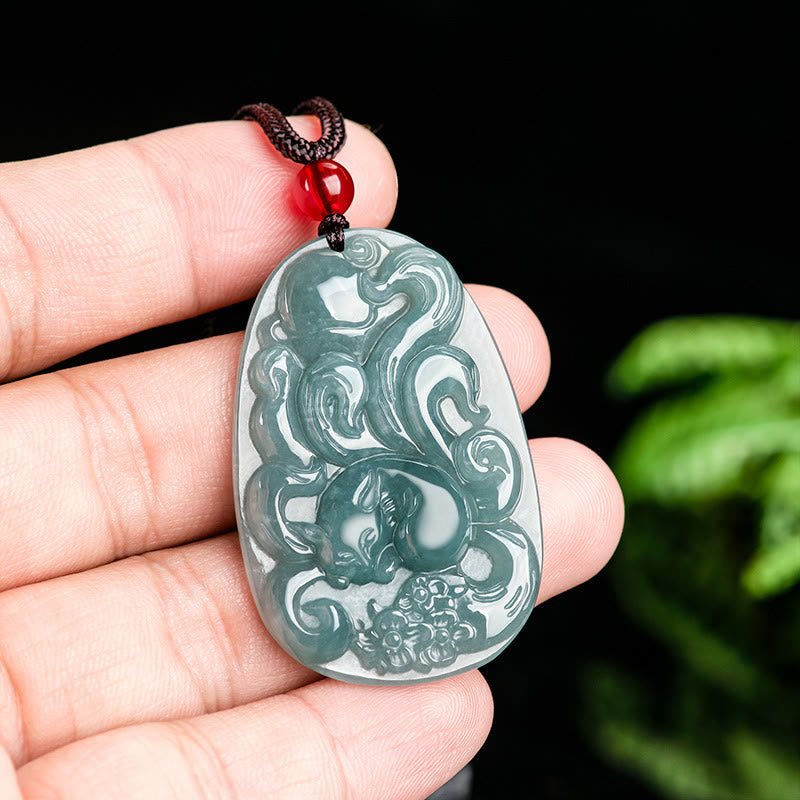 Nimara Ritual Natural Green Jade Nine Tailed Fox Flowers Luck Necklace Pendant
