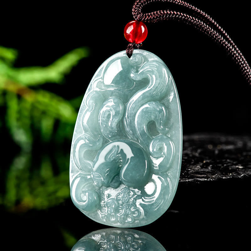 Nimara Ritual Natural Green Jade Nine Tailed Fox Flowers Luck Necklace Pendant