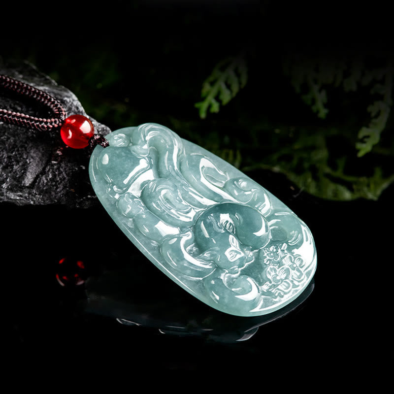 Nimara Ritual Natural Green Jade Nine Tailed Fox Flowers Luck Necklace Pendant