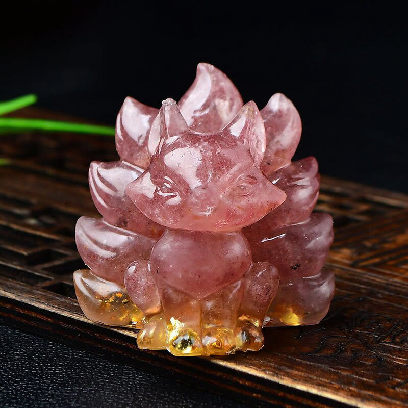 Nimara Ritual Natural Various Crystal Strawberry Quartz Amethyst Nine Tailed Fox Protection Home Decoration