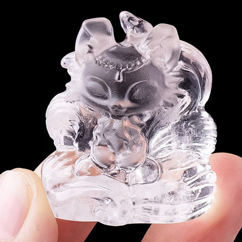 Nimara Ritual Natural White Crystal Mini Small Nine Tailed Fox Carved Healing Home Decoration
