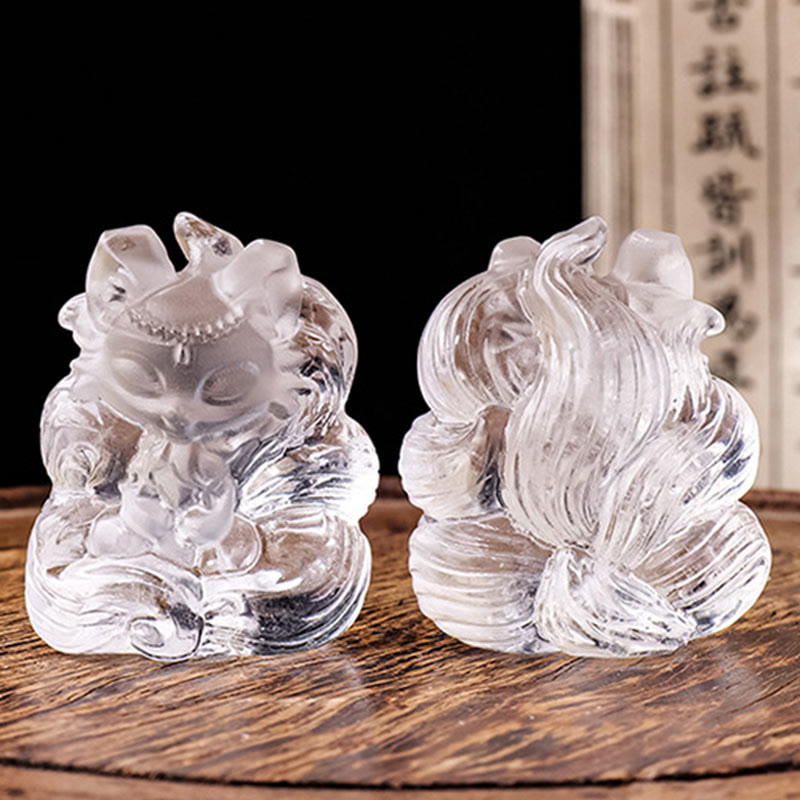 Nimara Ritual Natural White Crystal Mini Small Nine Tailed Fox Carved Healing Home Decoration