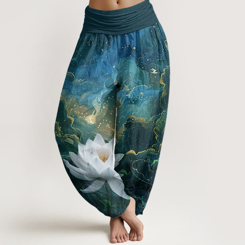 Nimara Ritual Cotton Casual Lotus Starry Sky Clouds Pattern Women's Elastic Waist Harem Pants
