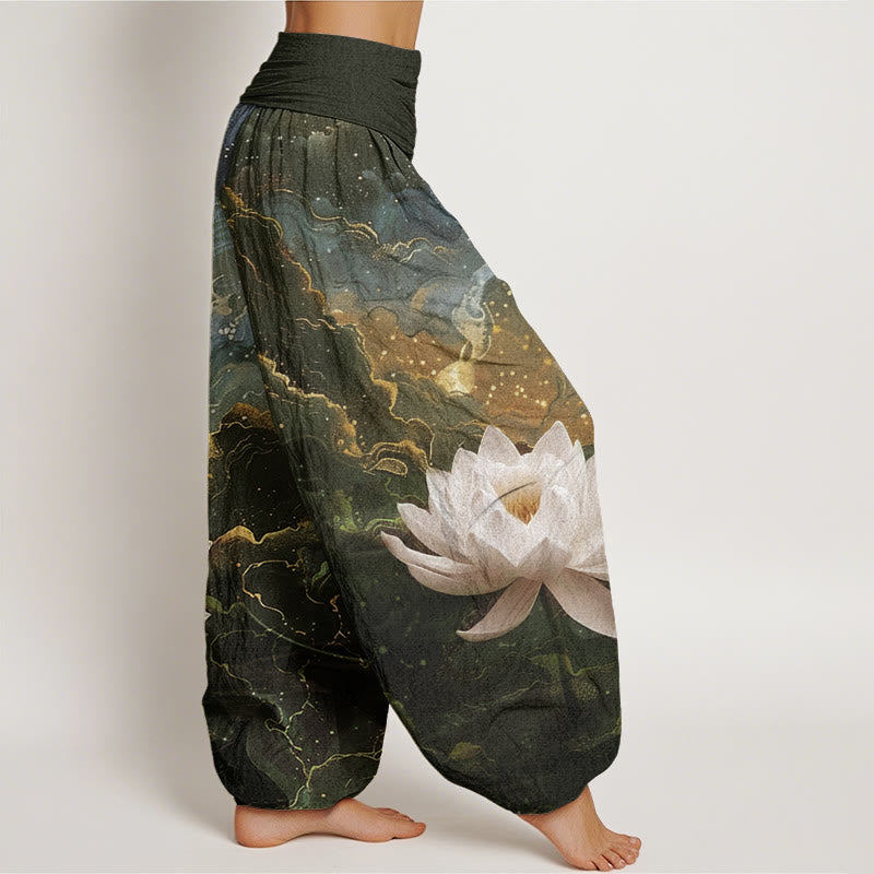 Nimara Ritual Cotton Casual Lotus Starry Sky Clouds Pattern Women's Elastic Waist Harem Pants