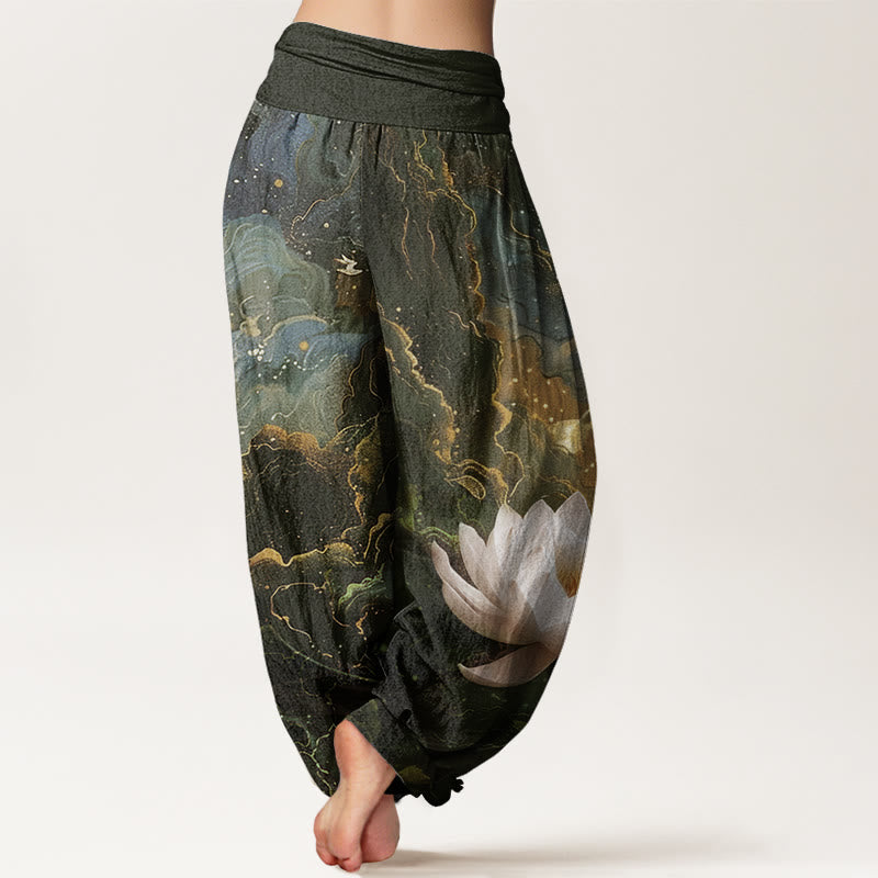 Nimara Ritual Cotton Casual Lotus Starry Sky Clouds Pattern Women's Elastic Waist Harem Pants