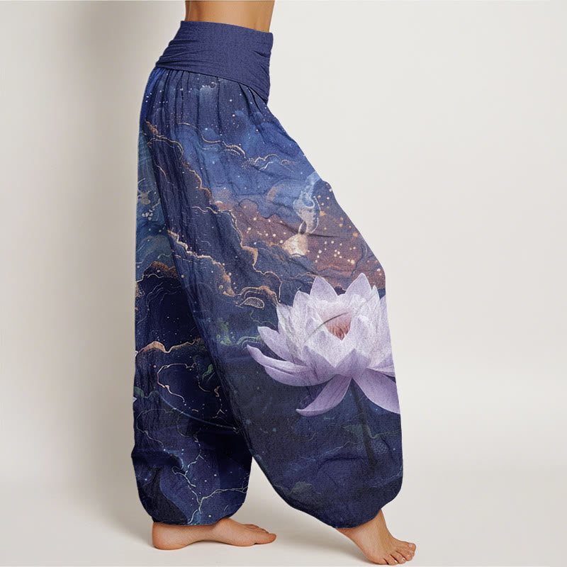 Nimara Ritual Cotton Casual Lotus Starry Sky Clouds Pattern Women's Elastic Waist Harem Pants
