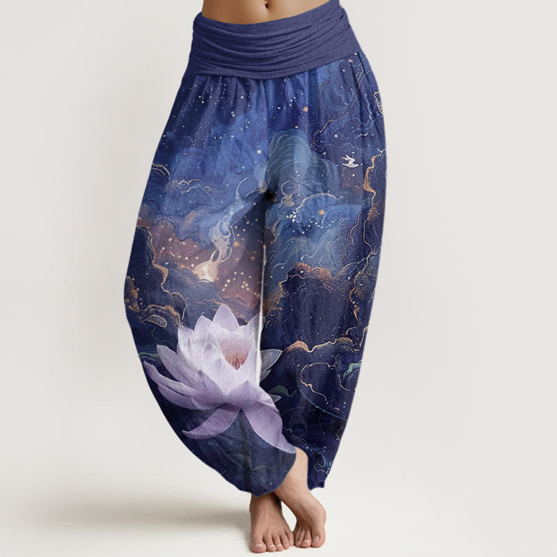 Nimara Ritual Cotton Casual Lotus Starry Sky Clouds Pattern Women's Elastic Waist Harem Pants