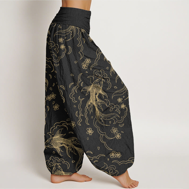 Nimara Ritual Cotton Casual Koi Fish Waves And Petal Line Pattern Women's Elastic Waist Harem Pants