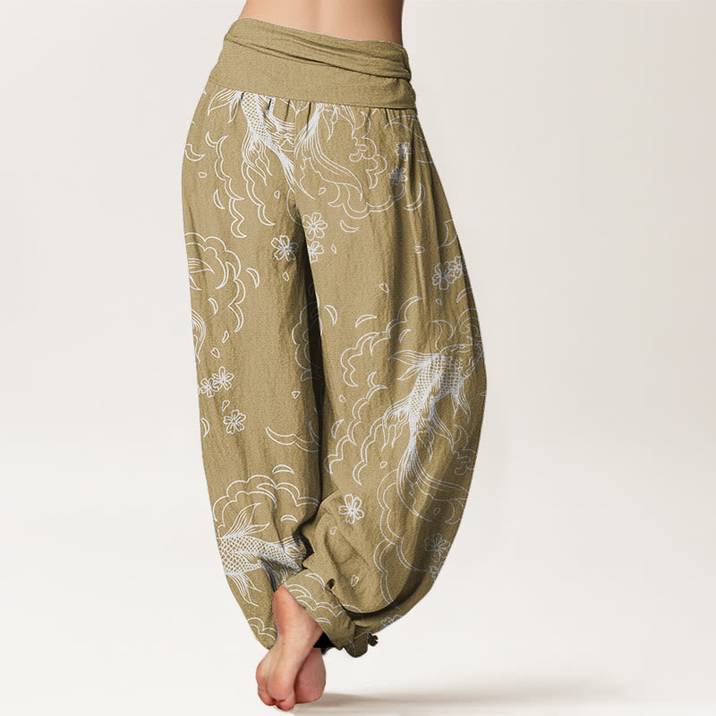 Nimara Ritual Cotton Casual Koi Fish Waves And Petal Line Pattern Women's Elastic Waist Harem Pants