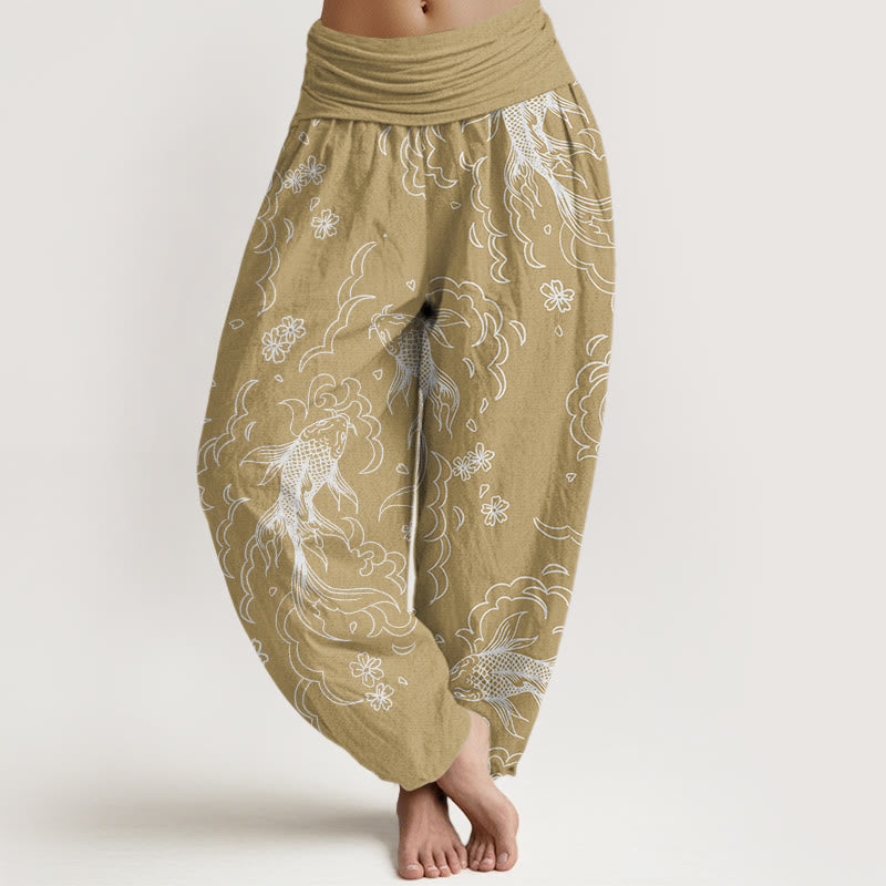 Nimara Ritual Cotton Casual Koi Fish Waves And Petal Line Pattern Women's Elastic Waist Harem Pants