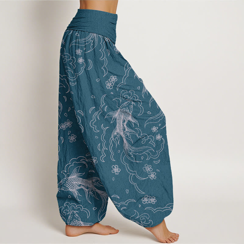 Nimara Ritual Cotton Casual Koi Fish Waves And Petal Line Pattern Women's Elastic Waist Harem Pants