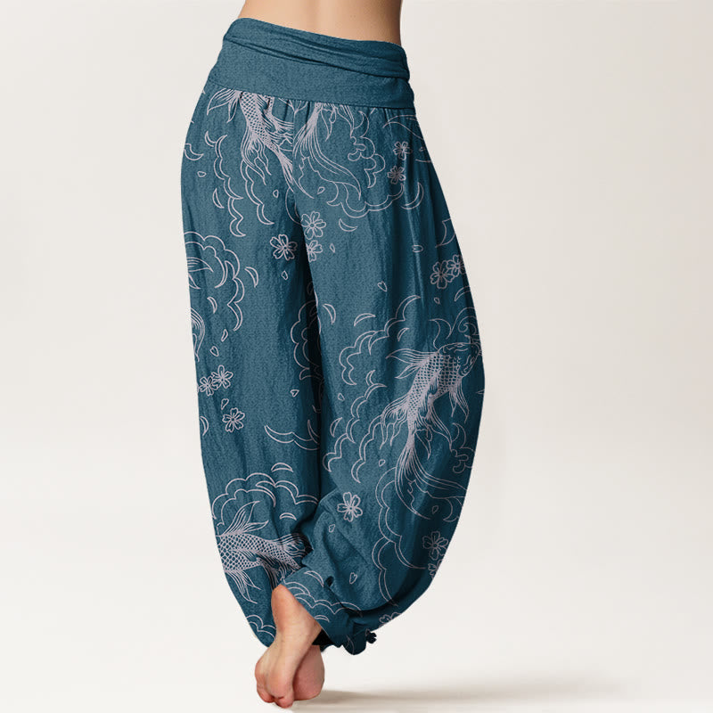 Nimara Ritual Cotton Casual Koi Fish Waves And Petal Line Pattern Women's Elastic Waist Harem Pants