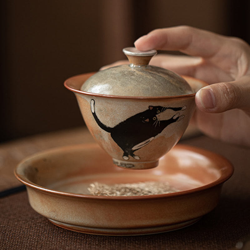 Nimara Ritual Cute Cat Ceramic Gaiwan Teacup Kung Fu Tea Cup With Lid 130ml