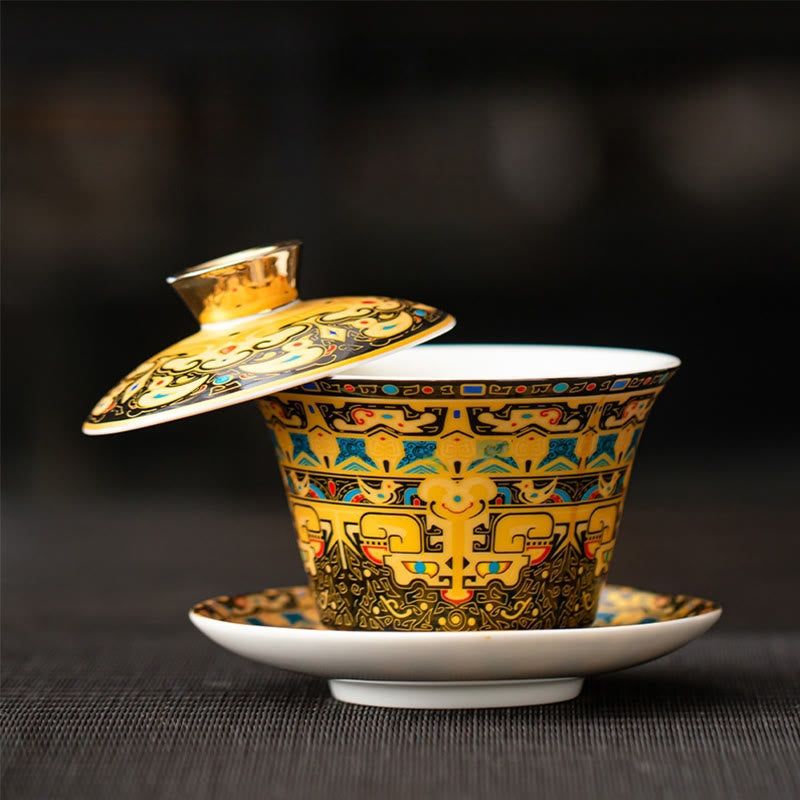 Nimara Ritual Thangka Dragon Buddhas Dunhuang Ceramic Gaiwan Sancai Kung Fu Tea Cup And Saucer With Lid Gift Box 180ml