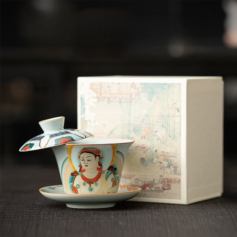 Nimara Ritual Thangka Dragon Buddhas Dunhuang Ceramic Gaiwan Sancai Kung Fu Tea Cup And Saucer With Lid Gift Box 180ml