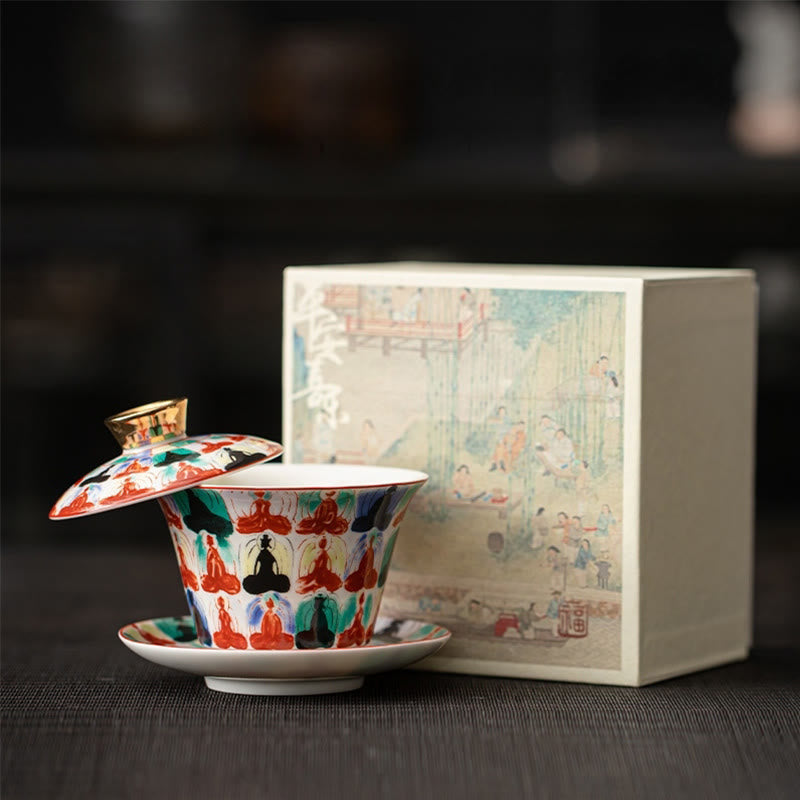Nimara Ritual Thangka Dragon Buddhas Dunhuang Ceramic Gaiwan Sancai Kung Fu Tea Cup And Saucer With Lid Gift Box 180ml