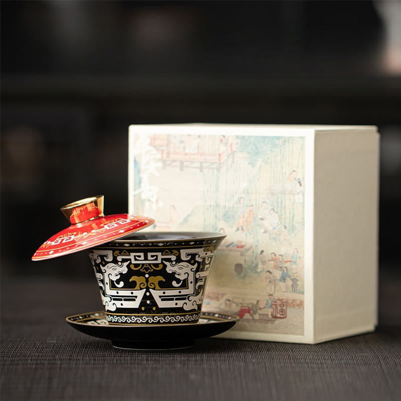 Nimara Ritual Thangka Dragon Buddhas Dunhuang Ceramic Gaiwan Sancai Kung Fu Tea Cup And Saucer With Lid Gift Box 180ml