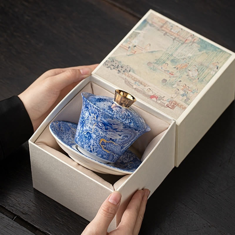 Nimara Ritual Thangka Dragon Buddhas Dunhuang Ceramic Gaiwan Sancai Kung Fu Tea Cup And Saucer With Lid Gift Box 180ml