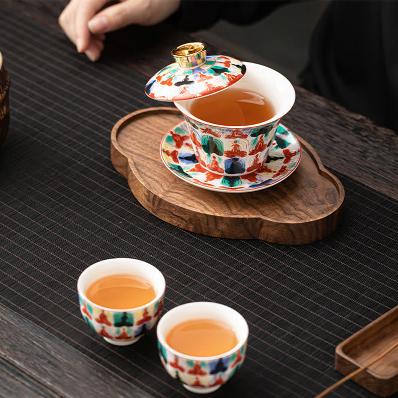Nimara Ritual Thangka Dragon Buddhas Dunhuang Ceramic Gaiwan Sancai Kung Fu Tea Cup And Saucer With Lid Gift Box 180ml