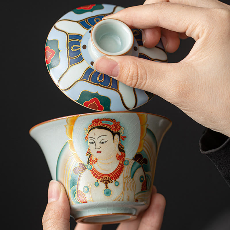 Nimara Ritual Thangka Dragon Buddhas Dunhuang Ceramic Gaiwan Sancai Kung Fu Tea Cup And Saucer With Lid Gift Box 180ml