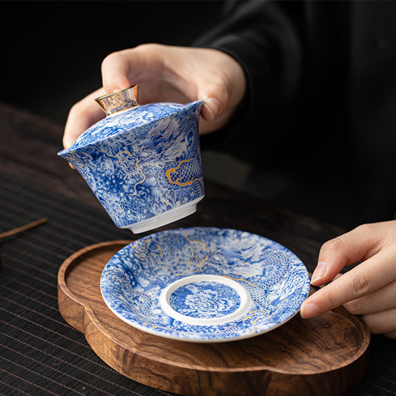 Nimara Ritual Thangka Dragon Buddhas Dunhuang Ceramic Gaiwan Sancai Kung Fu Tea Cup And Saucer With Lid Gift Box 180ml