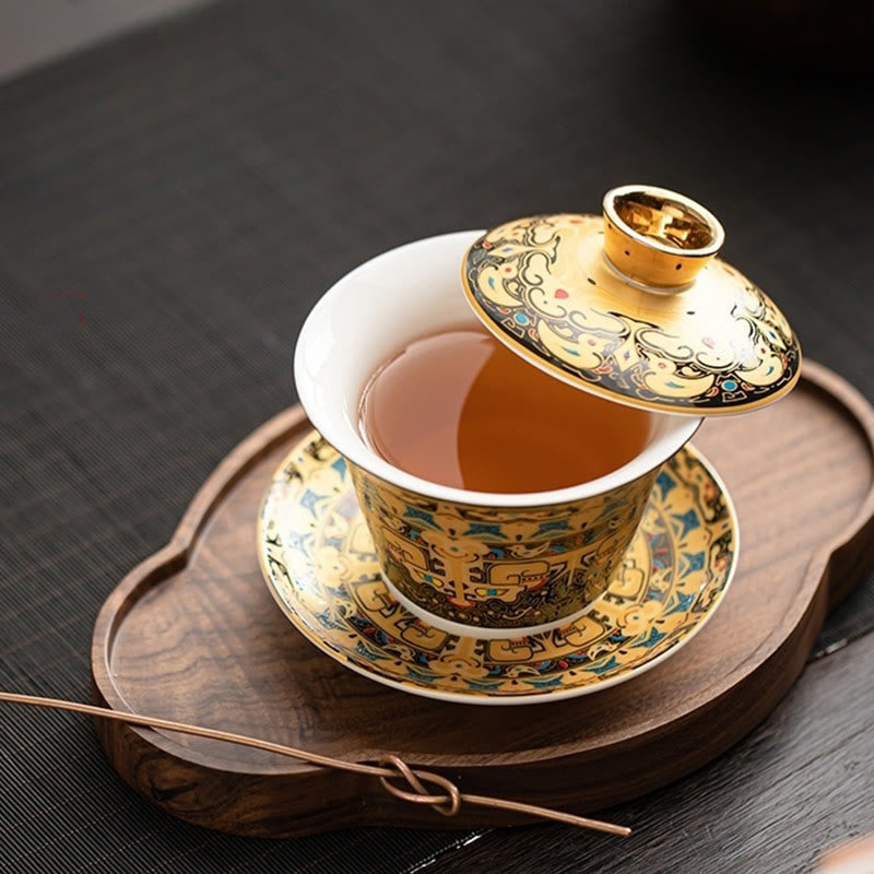 Nimara Ritual Thangka Dragon Buddhas Dunhuang Ceramic Gaiwan Sancai Kung Fu Tea Cup And Saucer With Lid Gift Box 180ml