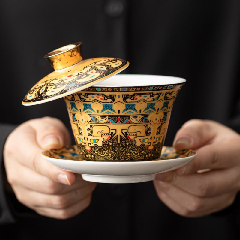 Nimara Ritual Thangka Dragon Buddhas Dunhuang Ceramic Gaiwan Sancai Kung Fu Tea Cup And Saucer With Lid Gift Box 180ml