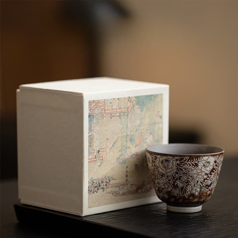 Nimara Ritual Brown Flowers In Full Bloom Teacup Kung Fu Tea Cup 100ml With Gift Box