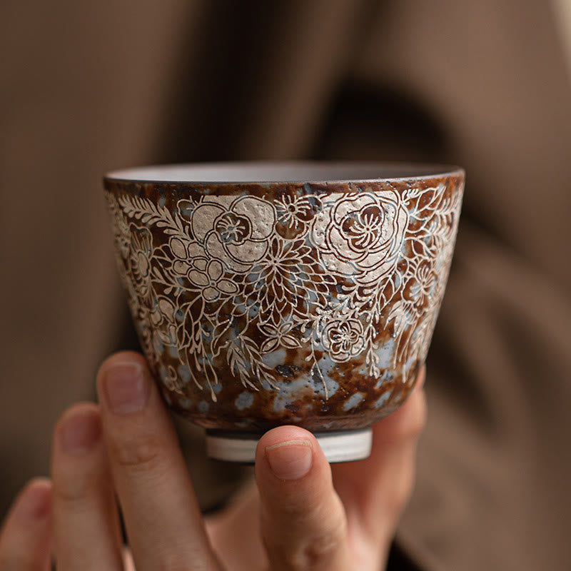 Nimara Ritual Brown Flowers In Full Bloom Teacup Kung Fu Tea Cup 100ml With Gift Box