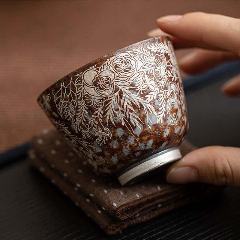 Nimara Ritual Brown Flowers In Full Bloom Teacup Kung Fu Tea Cup 100ml With Gift Box