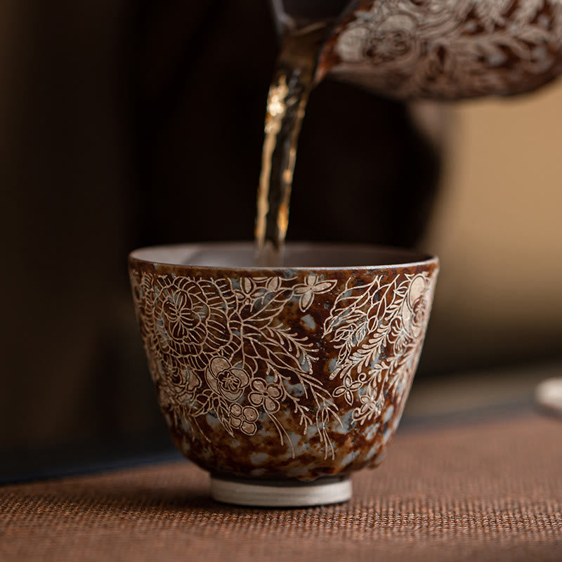 Nimara Ritual Brown Flowers In Full Bloom Teacup Kung Fu Tea Cup 100ml With Gift Box