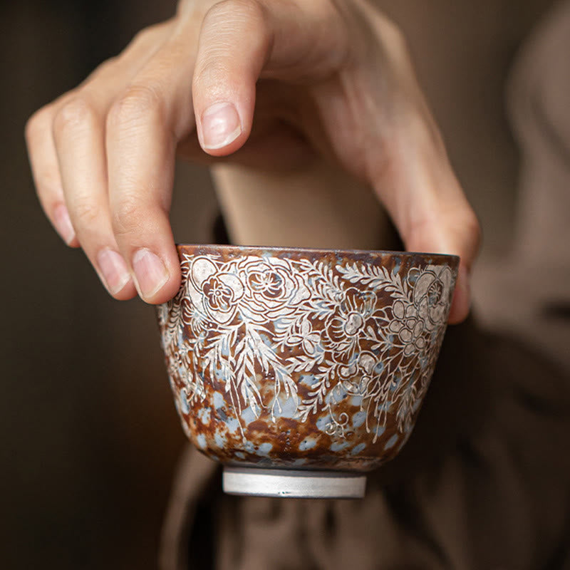 Nimara Ritual Brown Flowers In Full Bloom Teacup Kung Fu Tea Cup 100ml With Gift Box