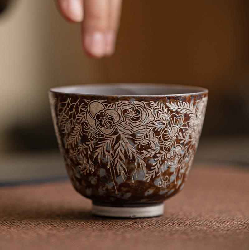 Nimara Ritual Brown Flowers In Full Bloom Teacup Kung Fu Tea Cup 100ml With Gift Box