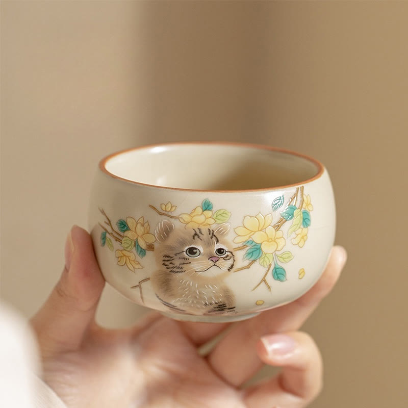 Nimara Ritual Cute Cat Yellow Flowers Rabbit Teacup Kung Fu Tea Cup