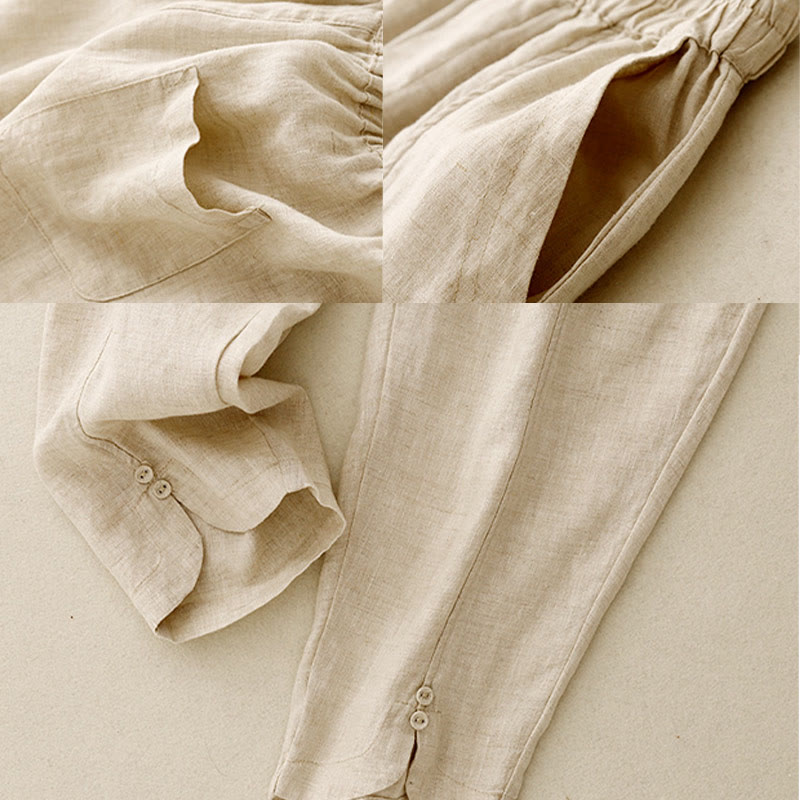 Nimara Ritual Summer Solid Color Side Button Design Cotton Linen Women's Harem Pants With Pockets