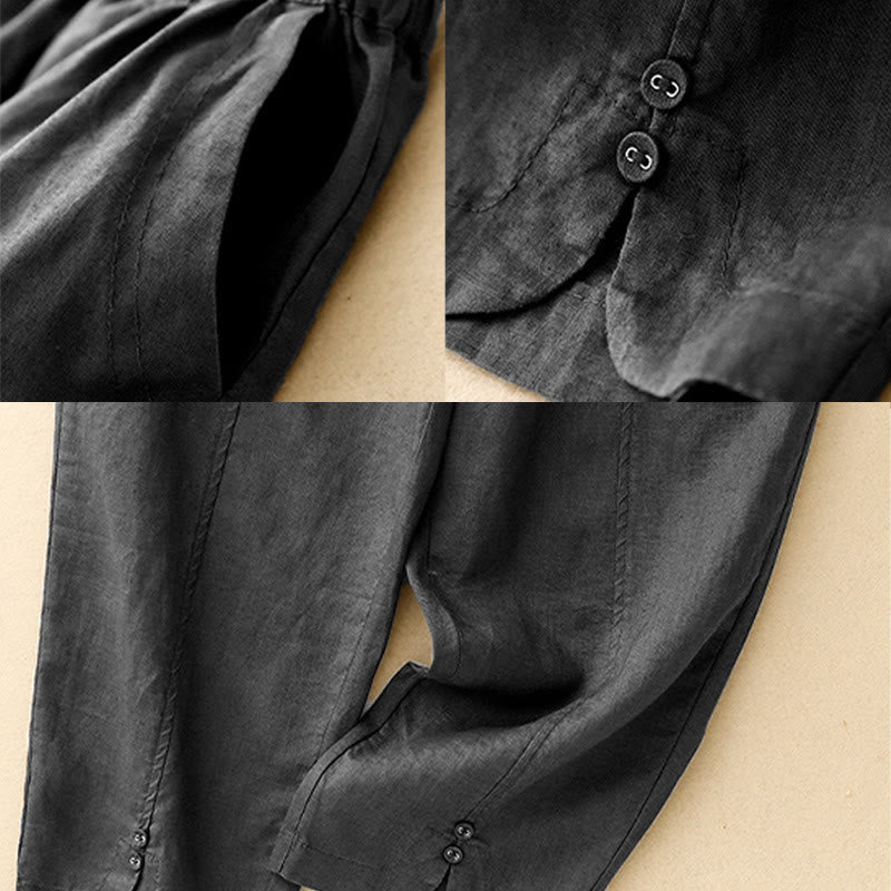 Nimara Ritual Summer Solid Color Side Button Design Cotton Linen Women's Harem Pants With Pockets