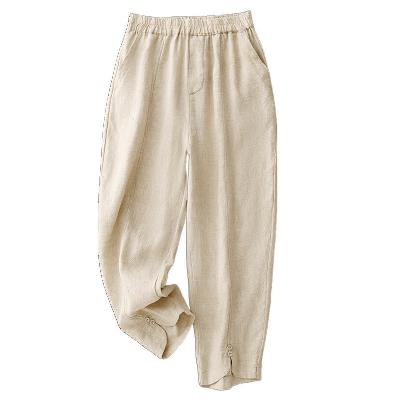 Nimara Ritual Summer Solid Color Side Button Design Cotton Linen Women's Harem Pants With Pockets
