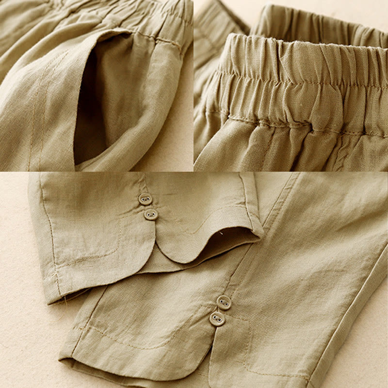 Nimara Ritual Summer Solid Color Side Button Design Cotton Linen Women's Harem Pants With Pockets
