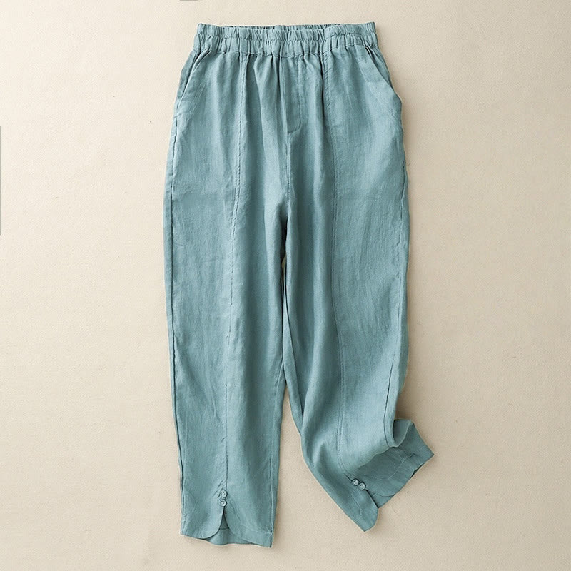 Nimara Ritual Summer Solid Color Side Button Design Cotton Linen Women's Harem Pants With Pockets