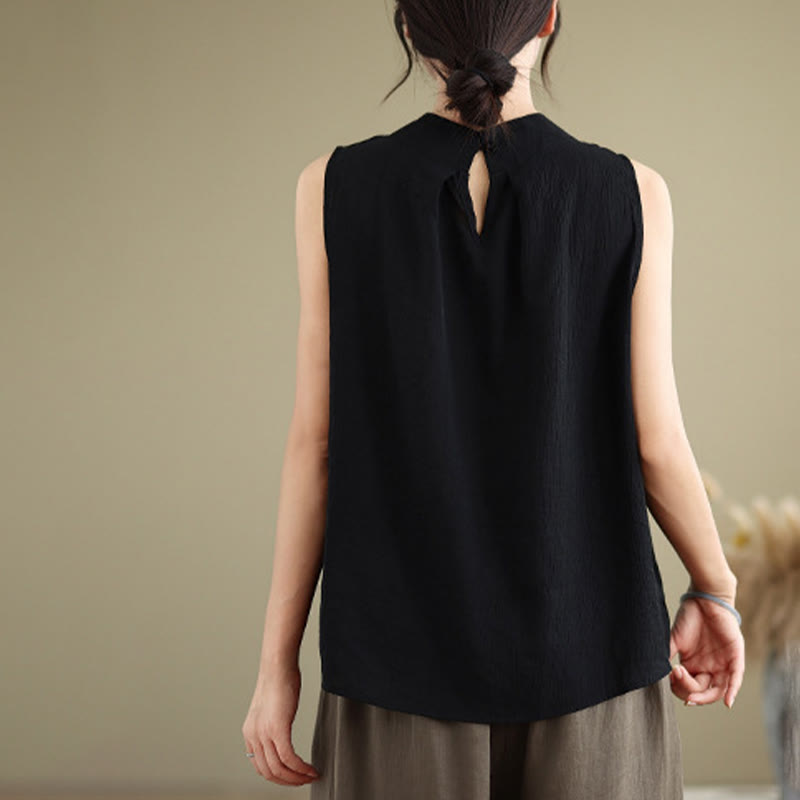 Nimara Ritual Casual Plain Back Buttom Design Stand Collar Cotton Linen Women's Sleeveless Vest